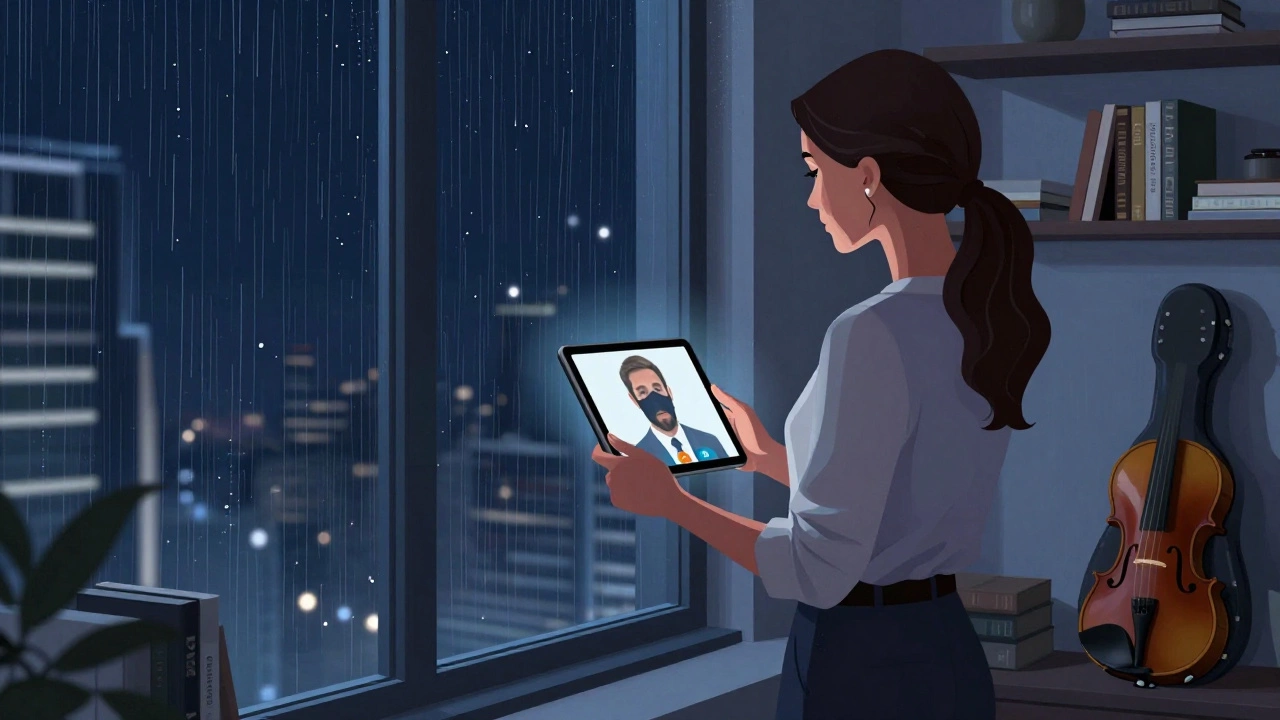 A woman in a Dubai apartment video-calling a client, books and violin case visible in the background.