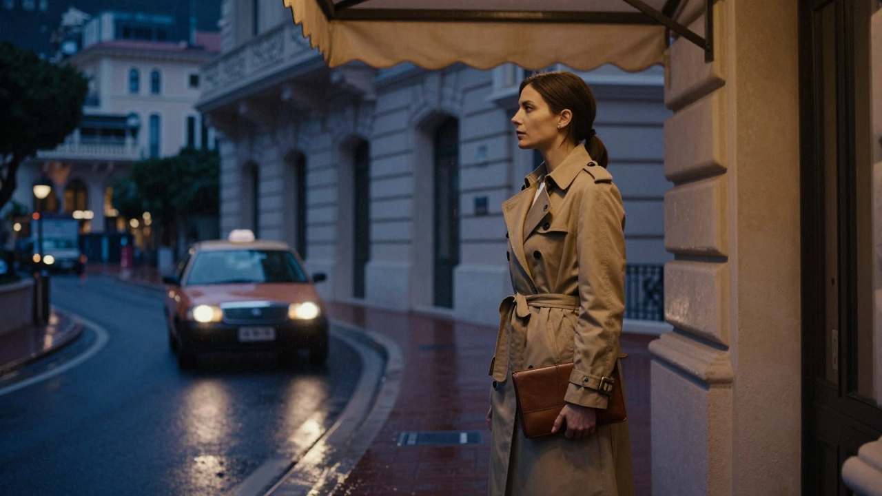 A woman waits discreetly under a Monaco awning at night, dressed elegantly, city lights glowing in the distance.