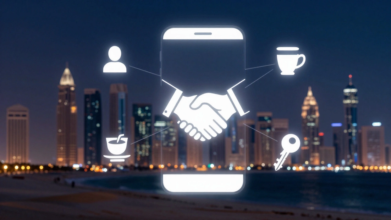 Abstract symbols of trust and privacy floating over Dubai’s skyline at dusk.